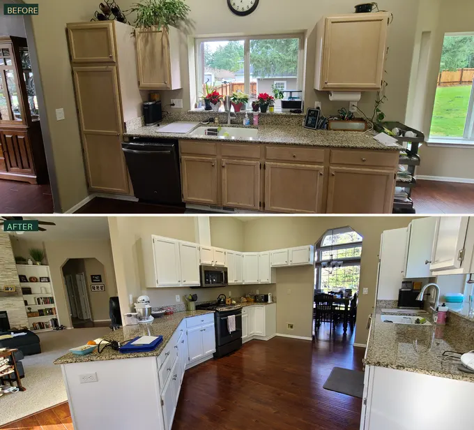 Before and after: oak kitchen cabinets refinished in white