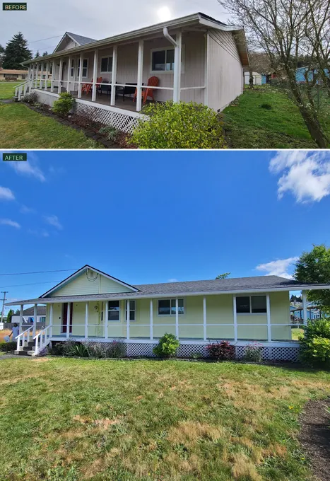 Before and after: faded ranch exterior repainted in fresh cream and white