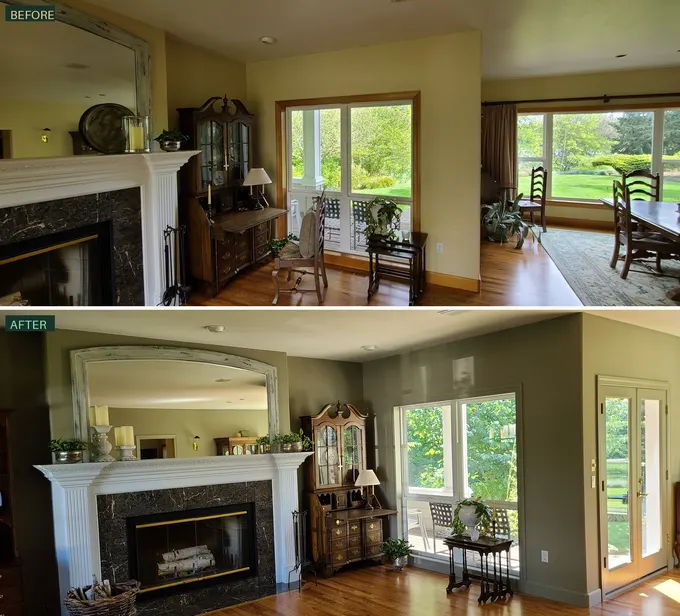 Before and after: living room walls repainted from yellow to sage green with white trim