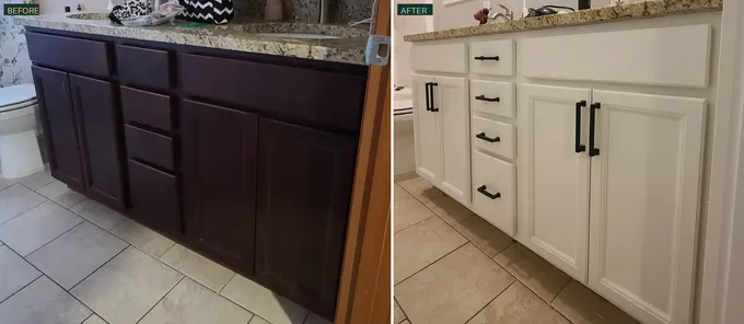Before and after of a bathroom vanity refinished from espresso to white